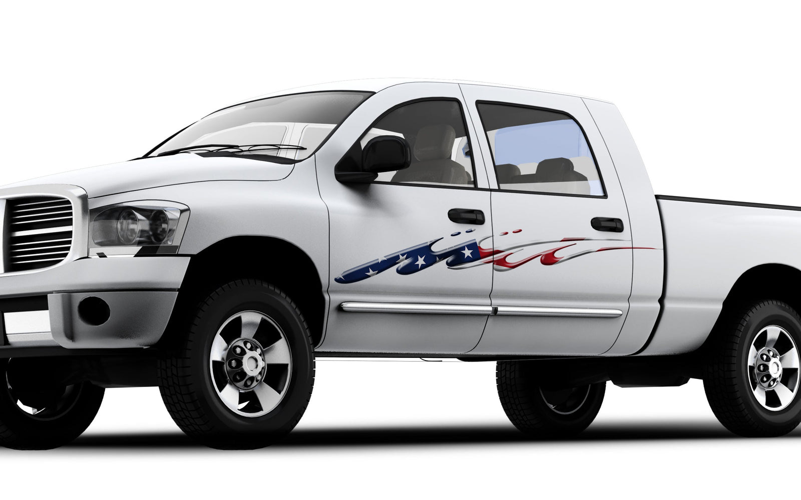 American flag decal on the side of white pickup truck