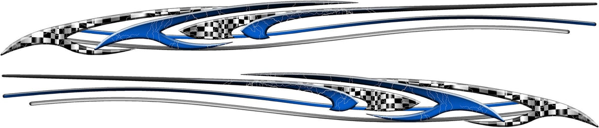 Blue speed checkered flag boat decal set of 2 with chrome and lightning details