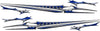 Cataclysm stripe decal kit in blue and silver with long needle tips and separate accent blades, mirrored pair for both sides of a car or truck on white background.
