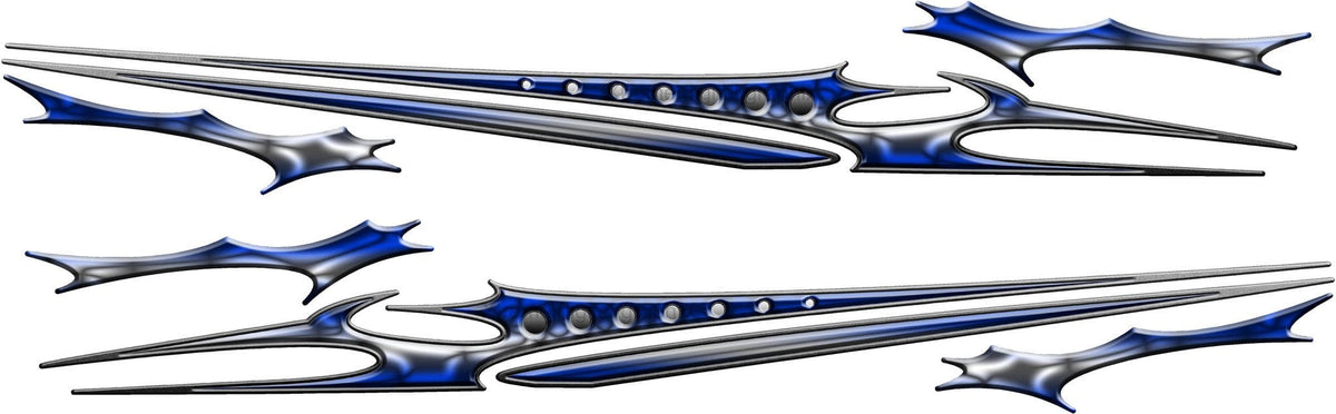 Cataclysm stripe decal kit in blue and silver with long needle tips and separate accent blades, mirrored pair for both sides of a car or truck on white background.