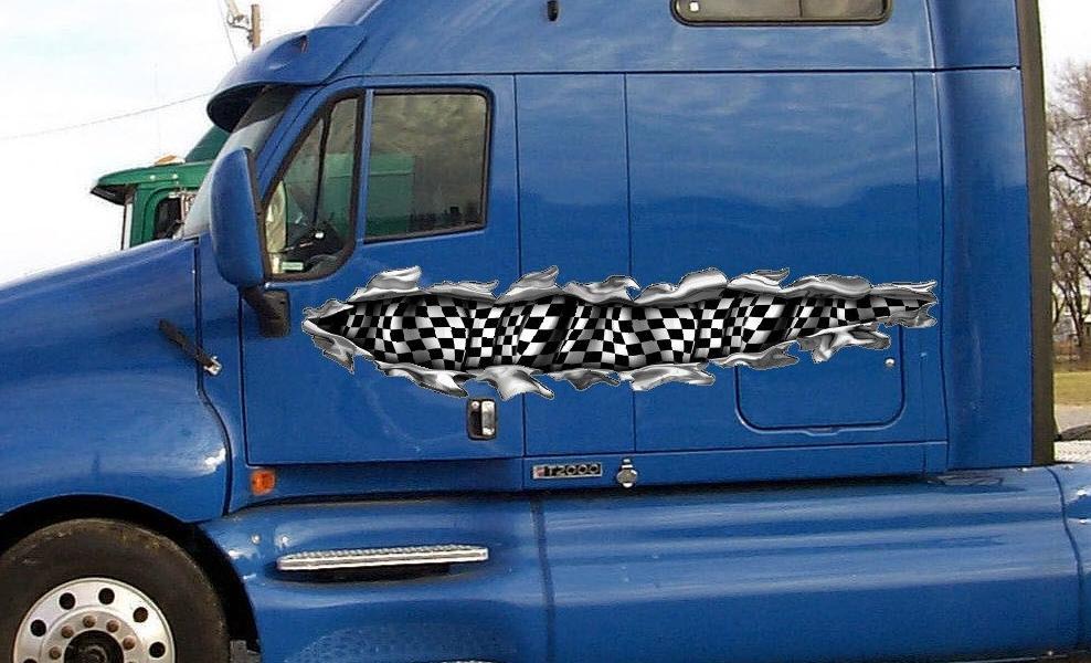 Checker flag tear vinyl graphics on semi truck