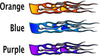 Classic flames vinyl decal color options: Orange, Blue, and Purple
