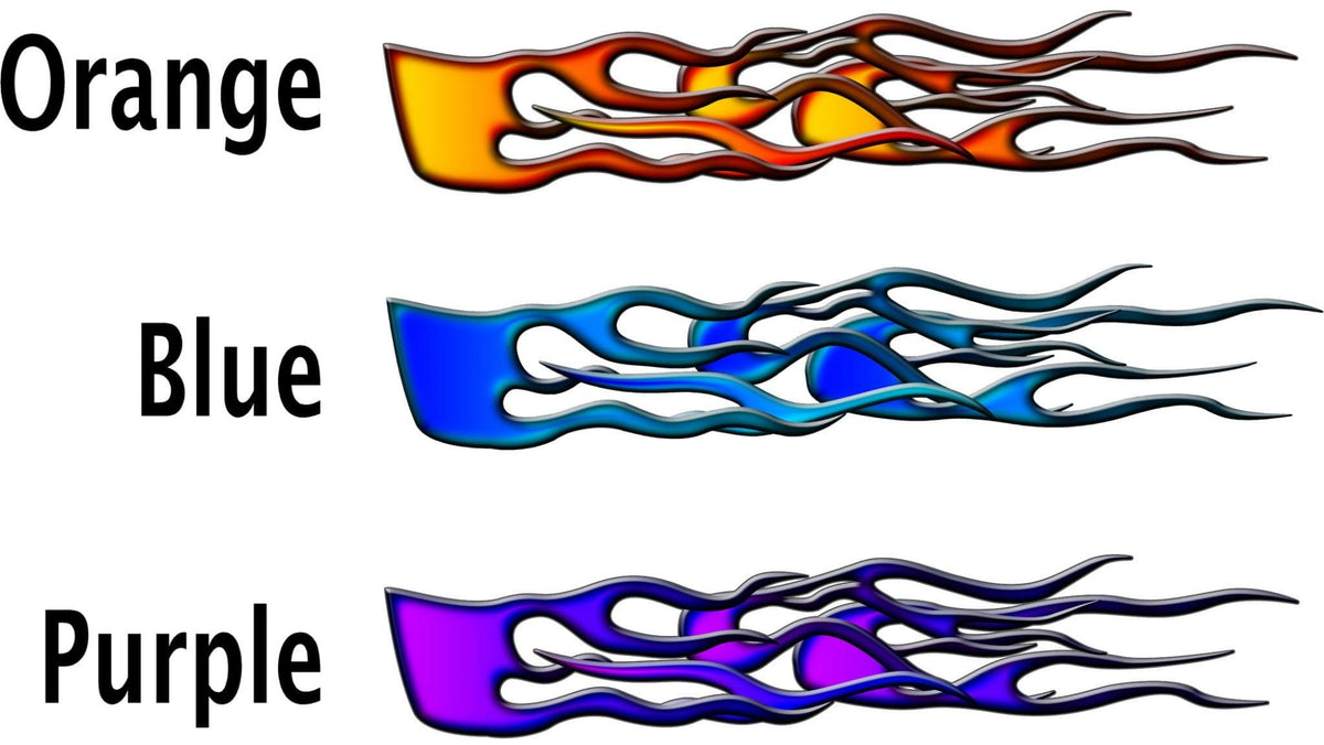 Classic flames vinyl decal color options: Orange, Blue, and Purple