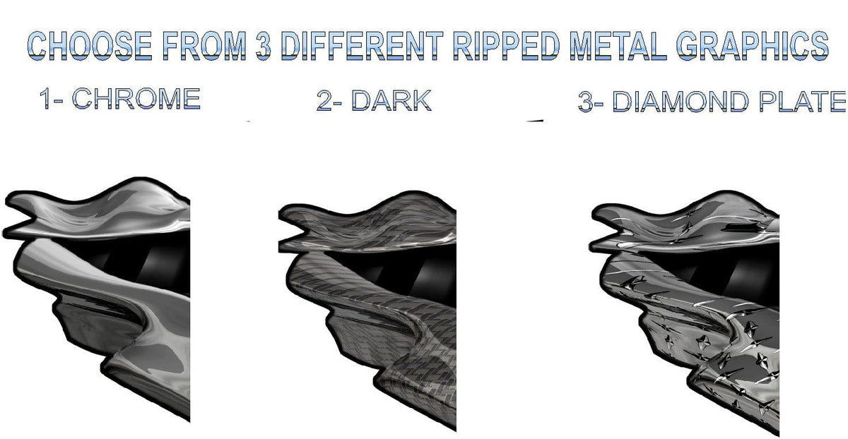 Comparison of chrome, dark carbon fiber and diamond plate ripped metal styles for checkered flag decals