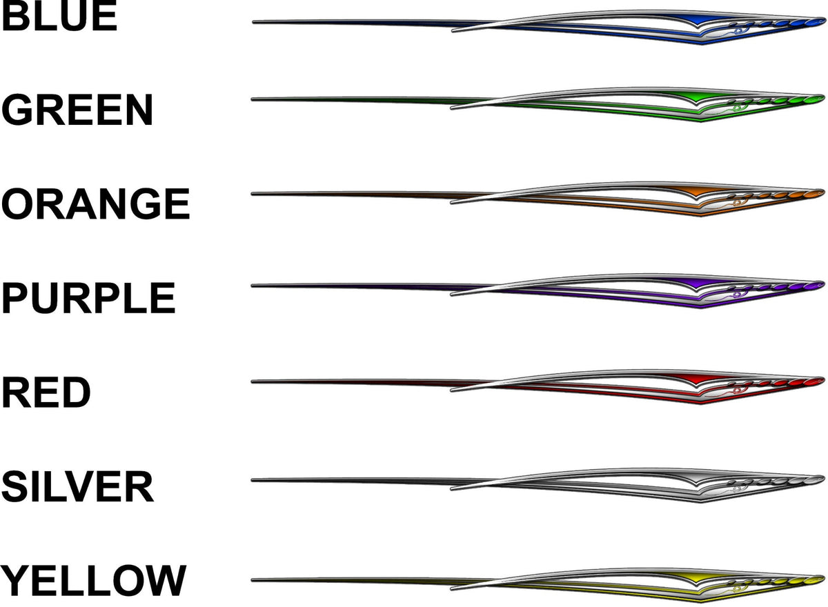 Dilemma stripe vehicle decals displayed in blue, green, orange, purple, red, silver and yellow with color names listed beside each pair.
