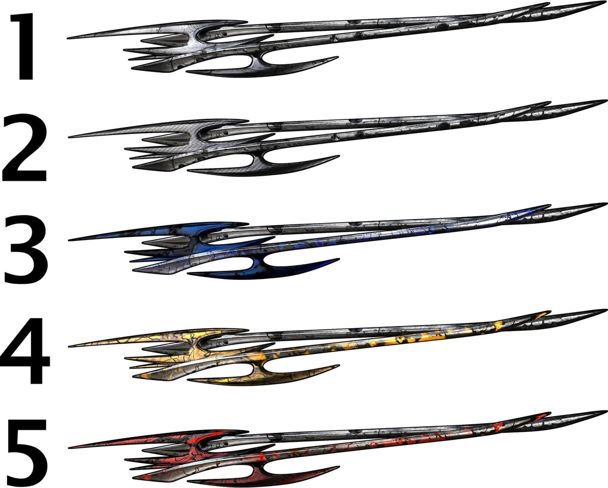 Five styles of Tribal Edge side decals numbered 1–5, showing chrome, carbon, blue, gold and red metal-effect finishes on a white background.