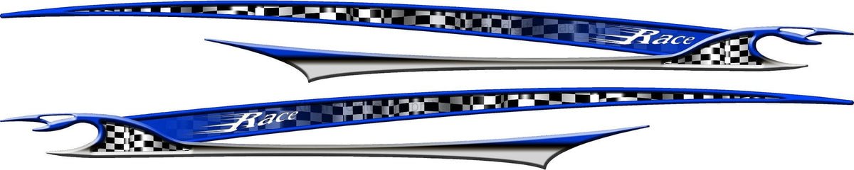 Pair of blue Shark Racing stripe decals with shark nose and checkered flag for both sides of a car