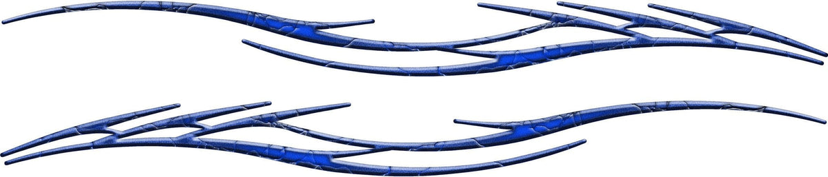 Pair of blue barbwire-style stripe decals with crossed thin lines and cracked texture, mirrored for both sides of a vehicle on white background.