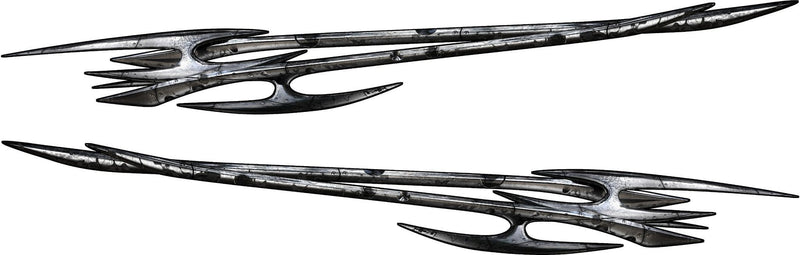 Pair of chrome tribal edge vinyl decals for cars and trucks, long spiked metal blades shown as mirrored driver and passenger side graphics on white background.