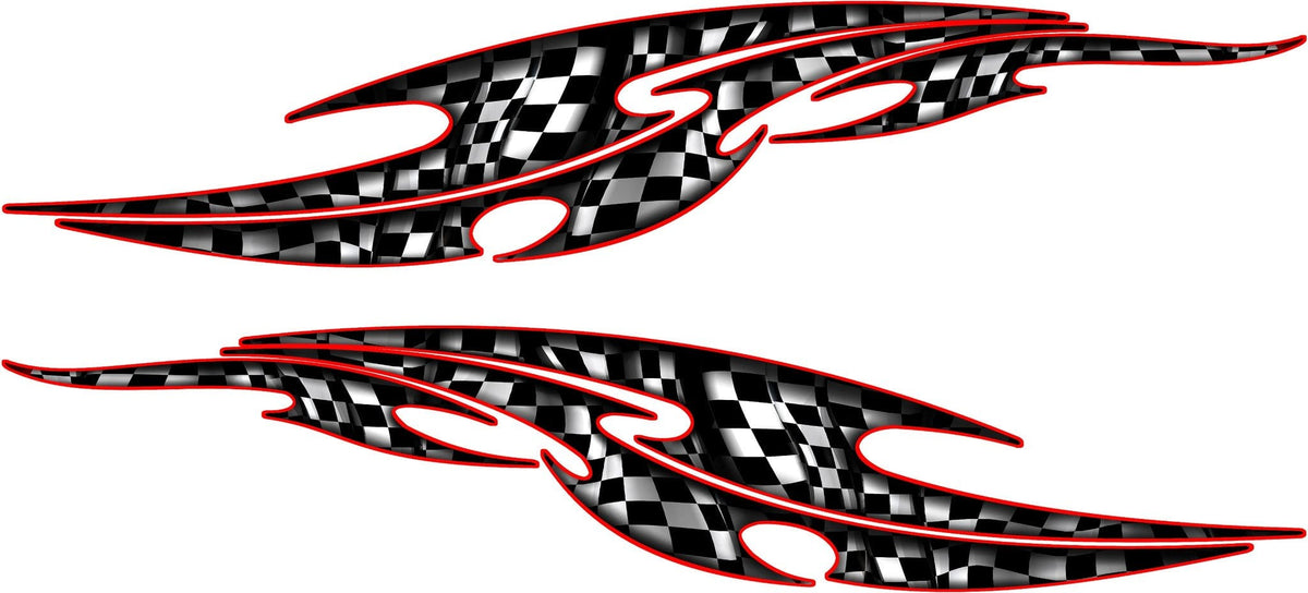 Pair of mirrored tribal checkered flag vinyl decals with bold red outline for car or truck sides, displayed on a white background.