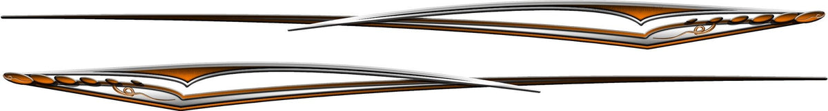 Pair of orange and silver Dilemma stripe decals with long layered lines and a snake-tail front detail, mirrored for both sides of a car or truck on white background.
