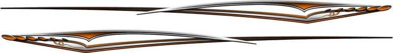 Pair of orange and silver Dilemma stripe decals with long layered lines and a snake-tail front detail, mirrored for both sides of a car or truck on white background.