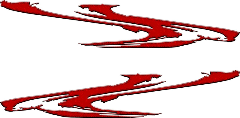 Pair of red smear printed stripe decals with jagged ends, mirrored for both sides of a car or truck on white background