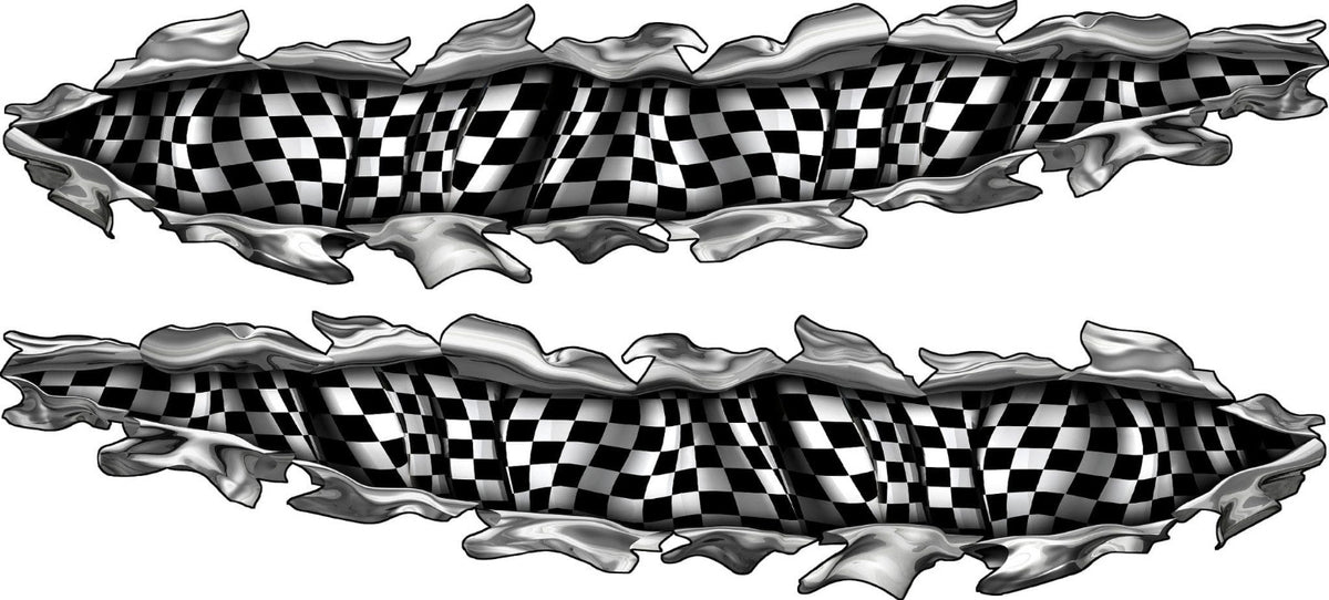 Pair of ripped metal checkered flag tear decals for car or truck sides
