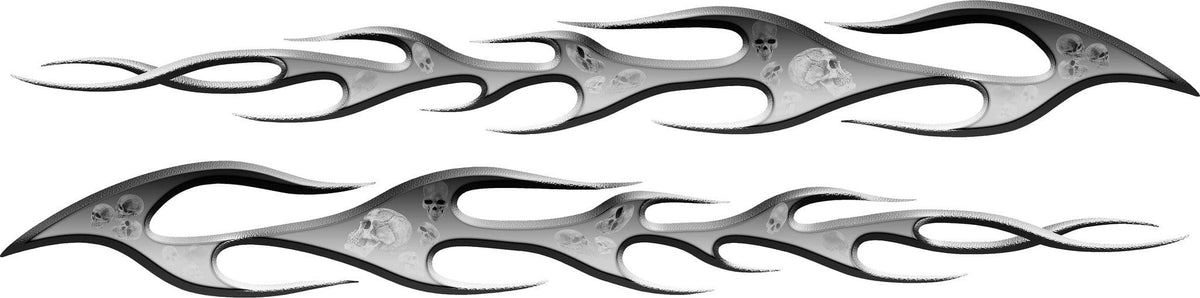Pair of silver torch skulls flame decals with shaded skull artwork inside the flames, mirrored for both sides of a car or truck on white background