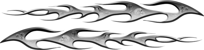 Pair of silver torch skulls flame decals with shaded skull artwork inside the flames, mirrored for both sides of a car or truck on white background