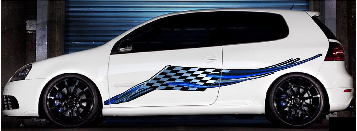 checkered flag vinyl racing graphics on the side of yellow mustang