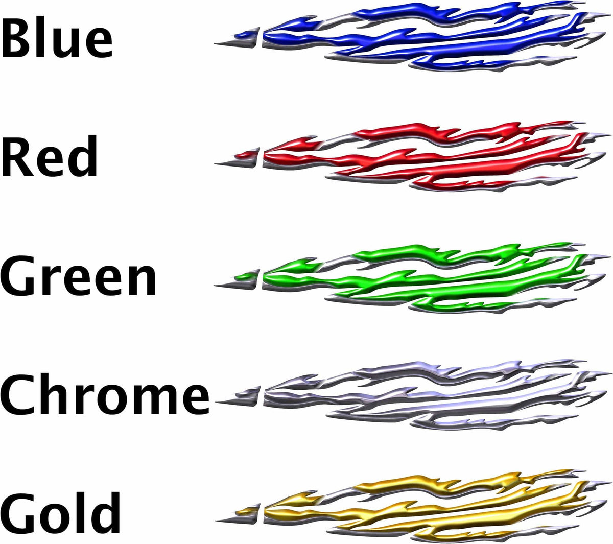 Razor Flames printed and laminated vehicle decals in blue red green chrome and gold