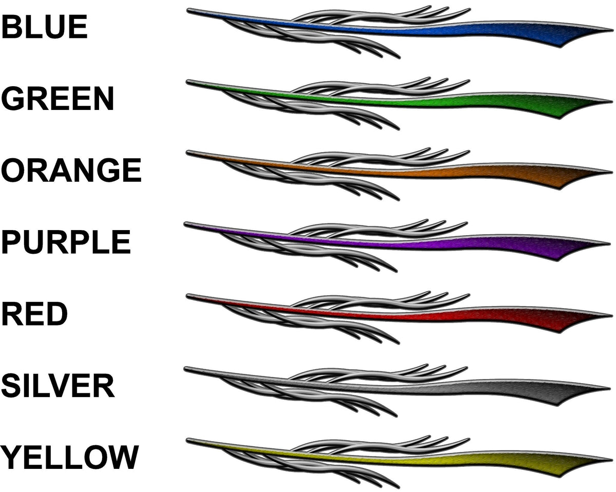 Row of the seven color samples available for the dart decal stripes. Colors shown are blue, green, orange, purple, red, silver, yellow.