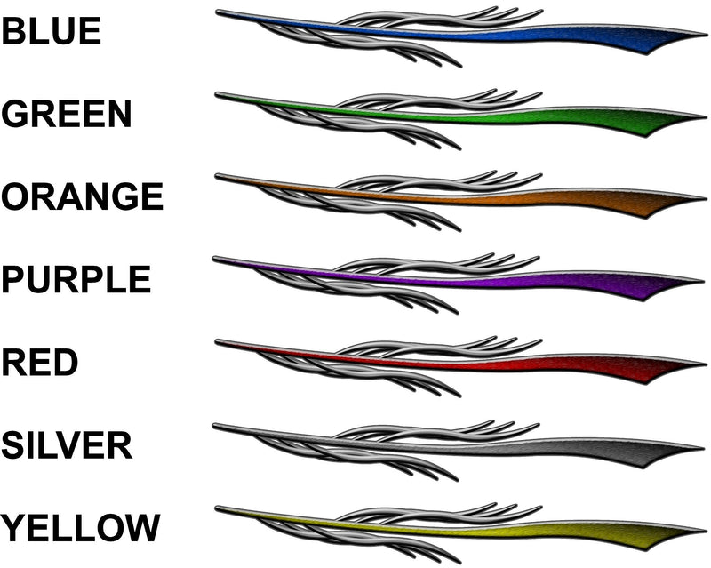 Row of the seven color samples available for the dart decal stripes. Colors shown are blue, green, orange, purple, red, silver, yellow.