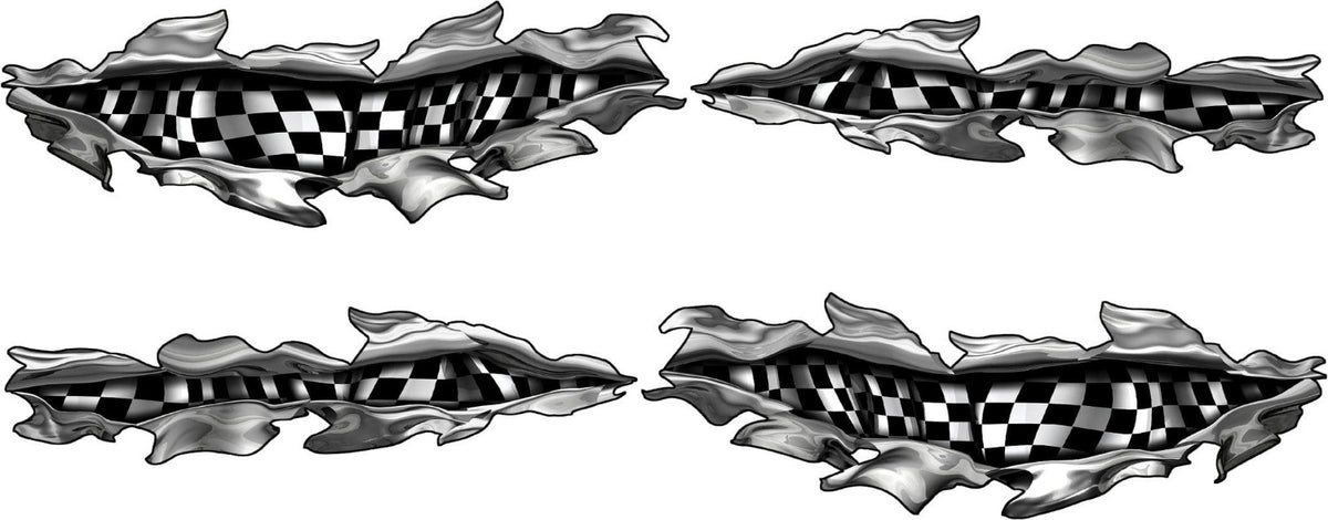 Set of four black and white checkered flag ripped metal vinyl decals for cars and trucks, two long side tears with matching accent pieces on white background.