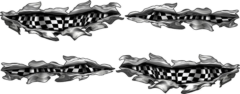Set of four black and white checkered flag ripped metal vinyl decals for cars and trucks, two long side tears with matching accent pieces on white background.