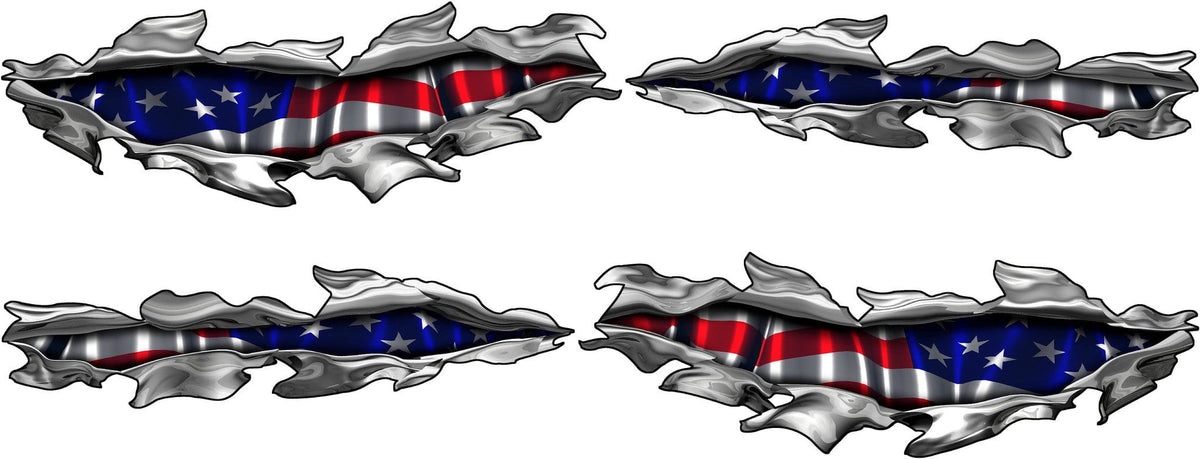Set of two American flag metal tear boat decals on white background