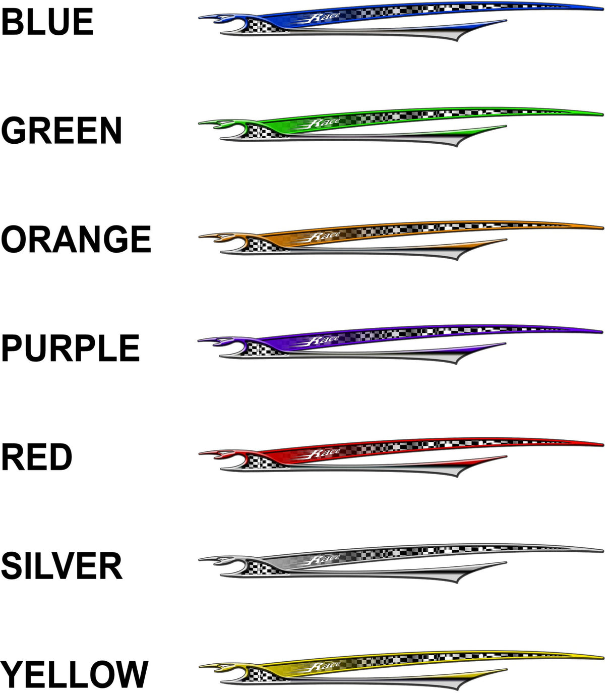 Seven Shark Racing stripe decal colour options with checkered flag and Race text