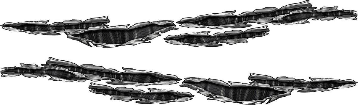 Six-piece chrome ripped-metal carbon fiber vinyl decal kit for cars and trucks, three long tears per side displayed on a white background.