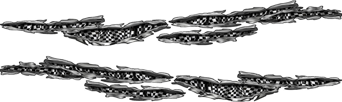 Six-piece chrome ripped-metal checkered flag vinyl decal kit for cars and trucks, three tears per side, displayed on a white background.