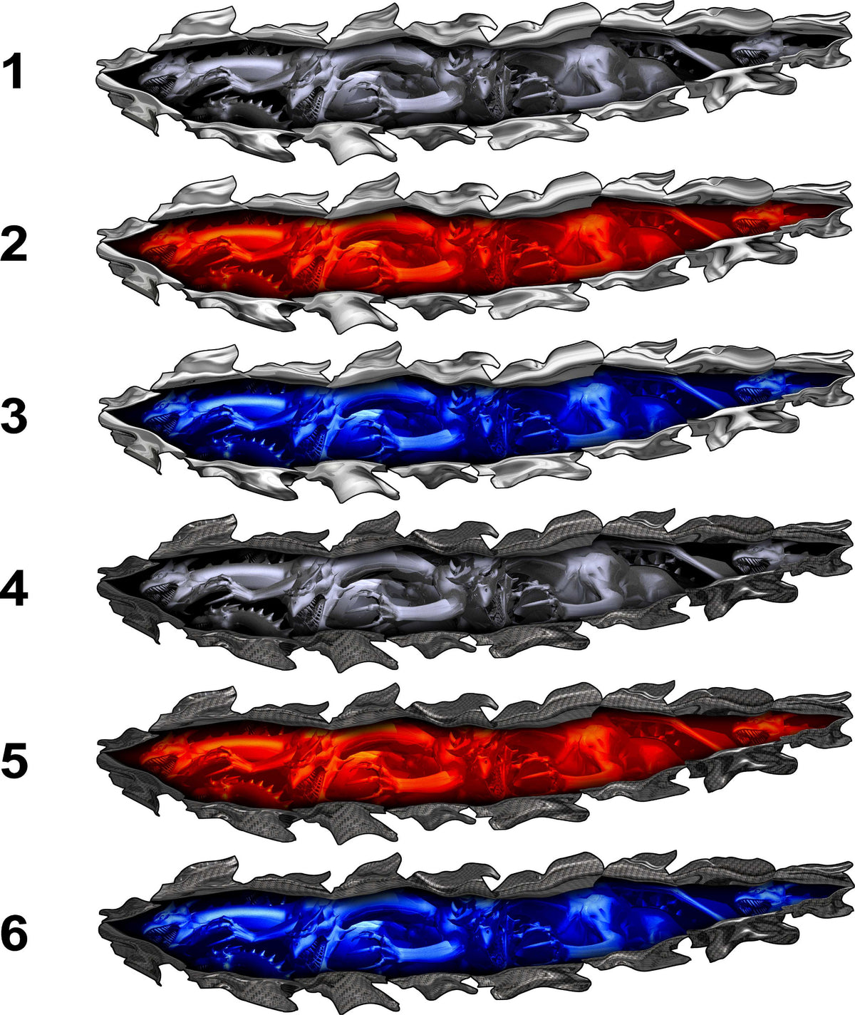 Six dragon tear decal styles showing chrome and carbon metal rips with grey, red and blue dragons
