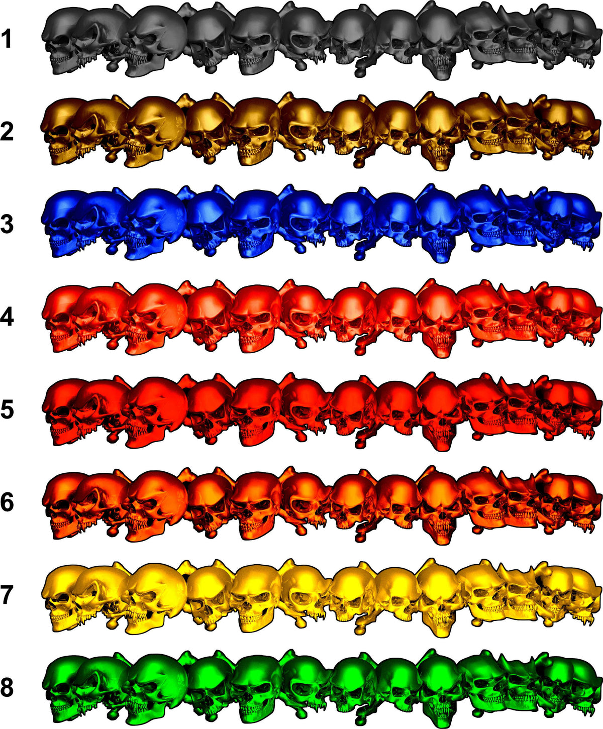 Skulls Link truck decal color styles 1 to 8 in grey, gold, blue, red, orange, yellow and green skull bands