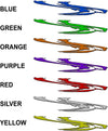 Smear printed stripe decals shown in blue, green, orange, purple, red, silver and yellow with color names listed beside each pair