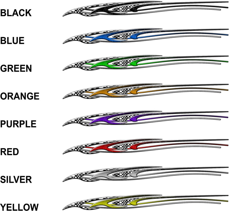 “Speed checkered flag boat decals shown in 8 color options black blue green orange purple red silver yellow