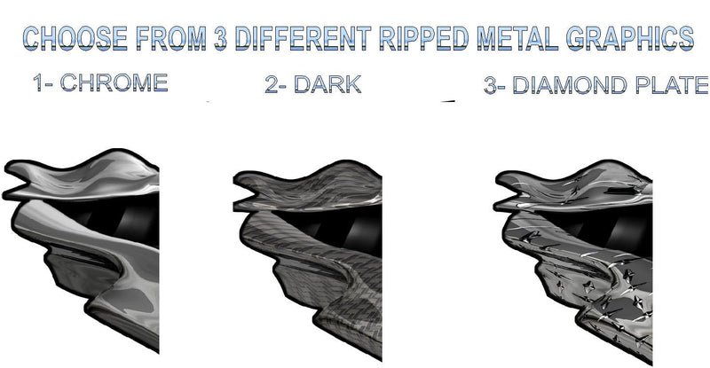 Three ripped metal graphic samples showing chrome, dark carbon-style and diamond plate finishes for vehicle tear decals, on white background with text labels.