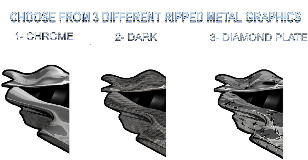 Three ripped metal graphic samples showing chrome, dark carbon-style and diamond plate finishes for vehicle tear decals, on white background with text labels.