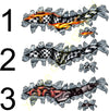 Three styles of chrome checkered flag tear decals for cars and trucks (flames, classic checkers, steampunk pipes