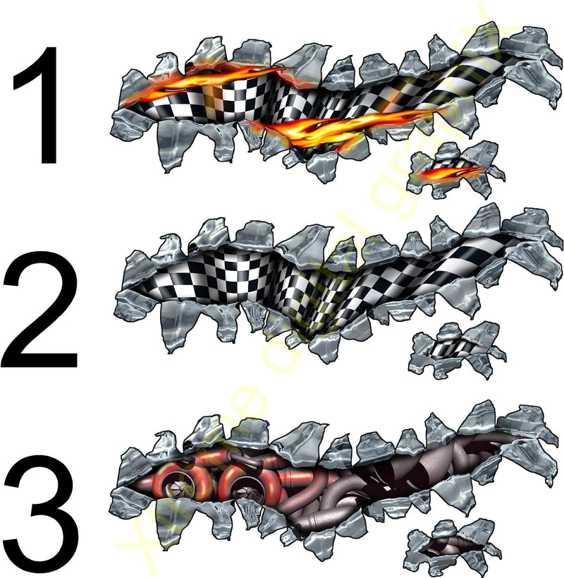 Three styles of chrome checkered flag tear decals for cars and trucks (flames, classic checkers, steampunk pipes