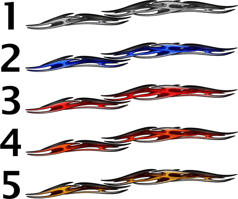 Tribal Chains truck side decal color styles 1 to 5 in grey, blue, red, orange and gold metallic flames