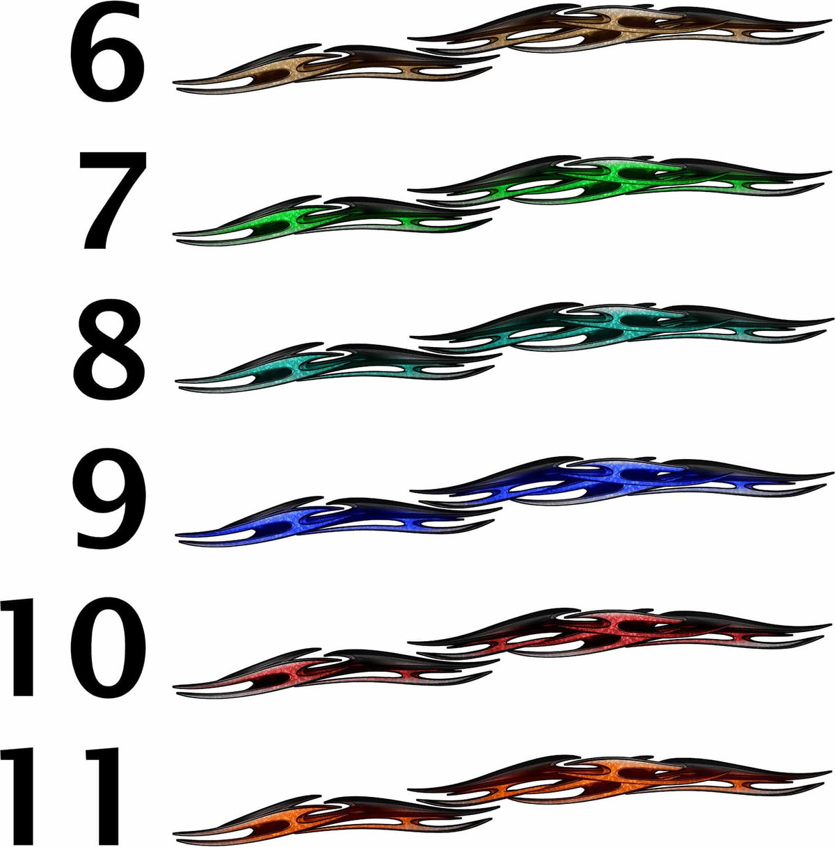 Tribal Chains vinyl graphics color styles 6 to 11 in bronze, green, teal, blue and red-orange metallic designs
