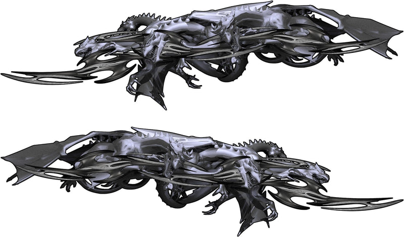 Tribal Dragons side vinyl graphic kit in grey with carbon-fiber tribal blades, mirrored pair on white background