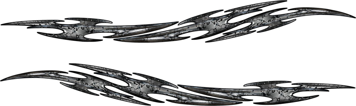 Tribal Flares side vinyl decal kit in gunmetal crackle style, mirrored pair for driver and passenger side on white background