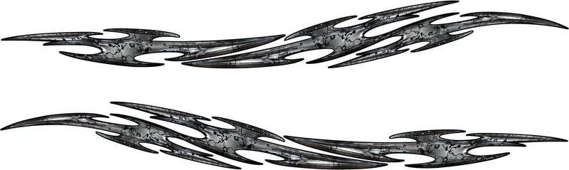 Tribal Flares side vinyl decal kit in gunmetal crackle style, mirrored pair for driver and passenger side on white background