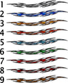 Tribal Flares truck side decal color styles 1 to 9 in grey, blue, orange, red, teal, green and copper crackle designs