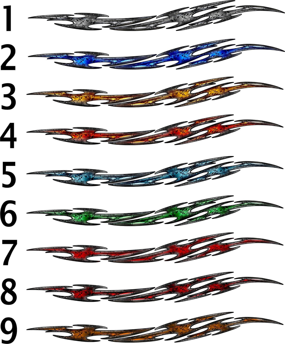 Tribal Flares truck side decal color styles 1 to 9 in grey, blue, orange, red, teal, green and copper crackle designs