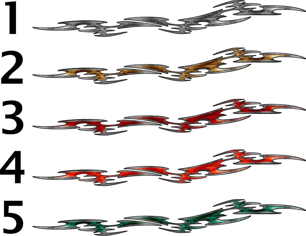 Tribal Link metal-look side stripe decals color options 1 to 5 in grey, bronze, red, orange and green finishes