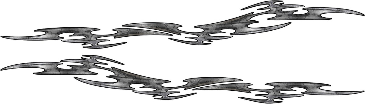 Tribal Link side vinyl decal kit in riveted silver metal style, mirrored pair for both sides of a vehicle on white background