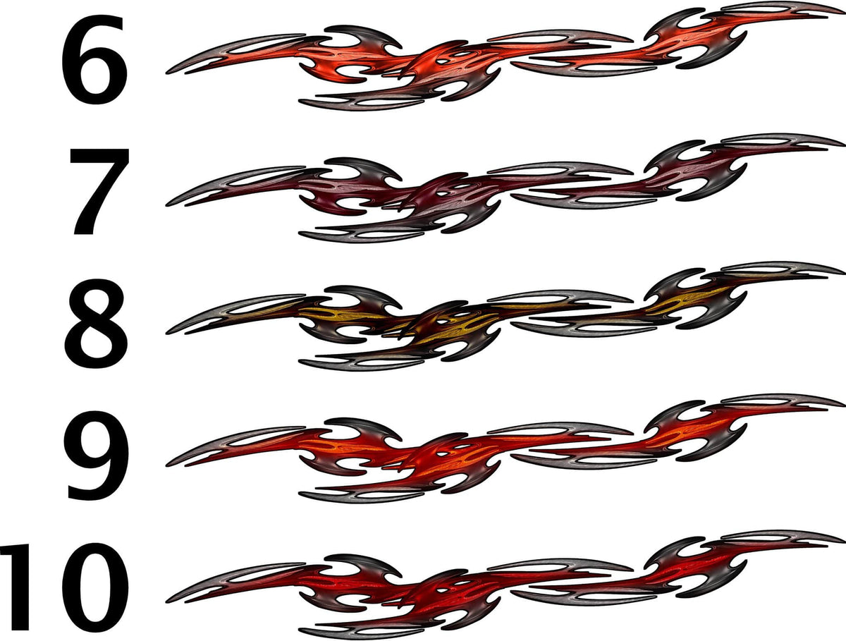 Tribal Links vinyl graphic color chart styles 6 to 10 in red, maroon, amber and bright red variations