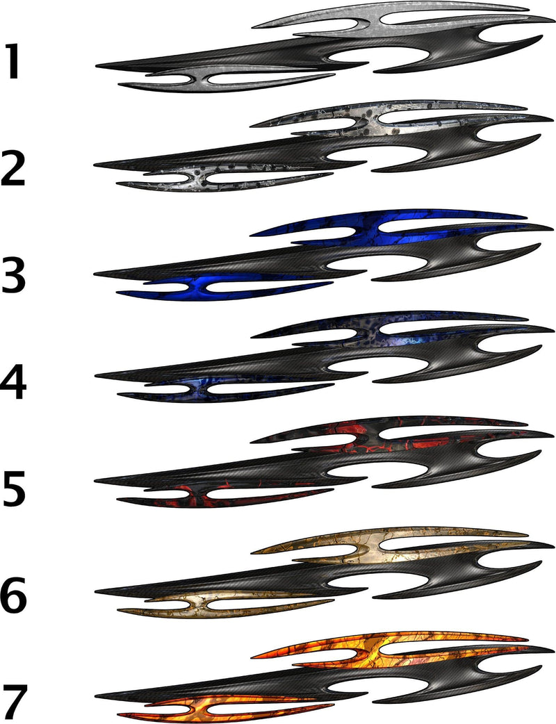 Tribal Zions carbon-fiber side decals — 7 styles (1–7) sample for cars & trucks: graphite, silver tech, cobalt, midnight, red, gold, orange