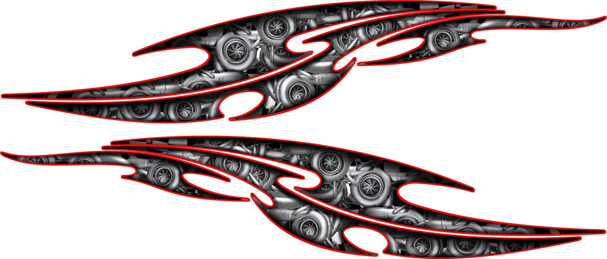 Tribal steampunk vinyl decal set of 2 with red outline and turbo engine pattern fill
